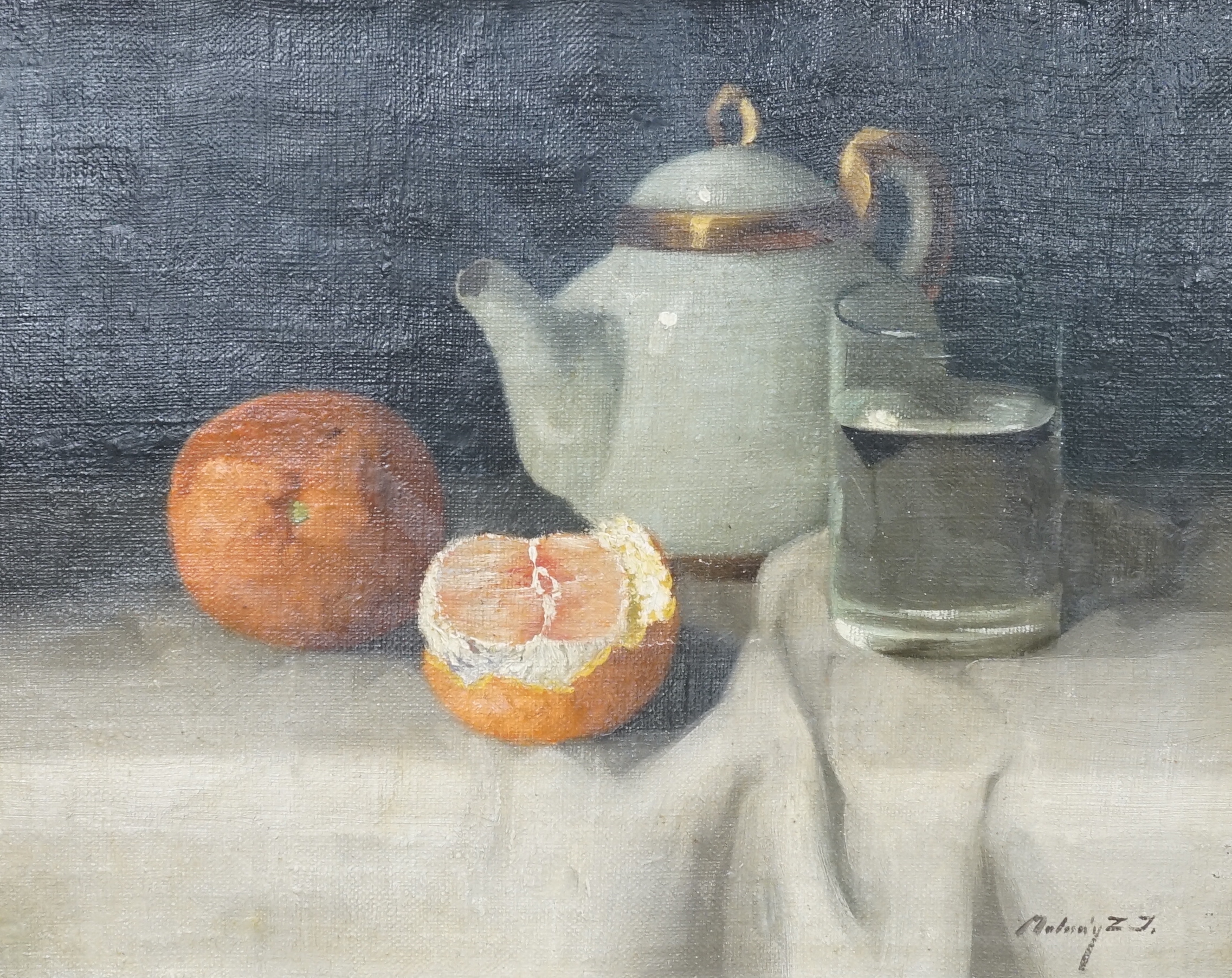 Continental School, oil on canvas, Still life of an orange, glass of water and teapot, signed, 33 x 40cm